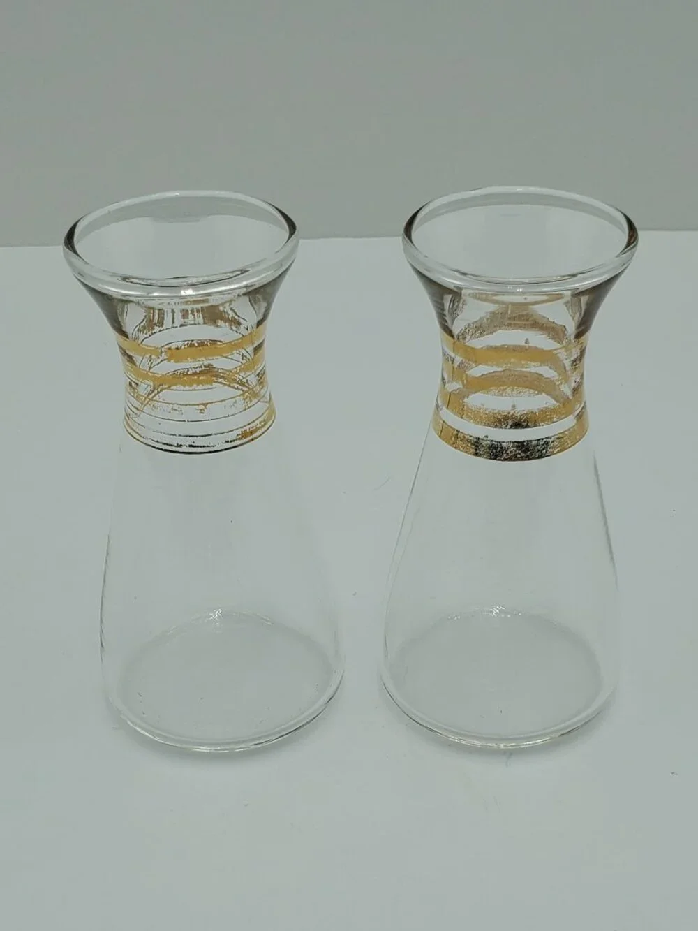 Pyrex Clear Glass Salt & Pepper Shakers with Gold Bands MCM Glass Shaker Set